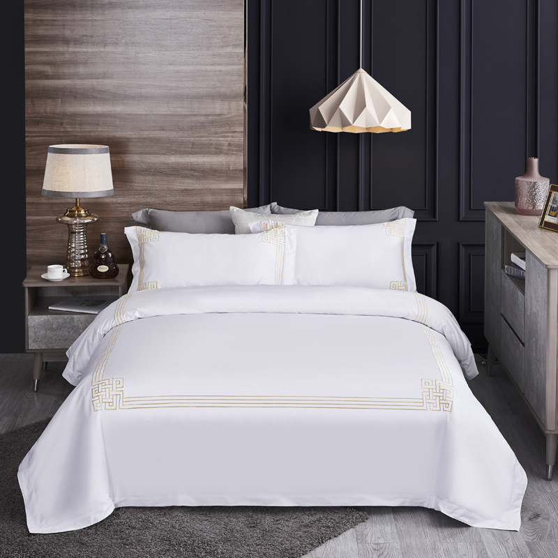 Duvet Cover Bed Sheets Four Piece Set Bed Linen Custom OEM 60s Cotton Satin Solid Plain Color White Embroidery Home Textile Hotel Bedding Set for Hotel