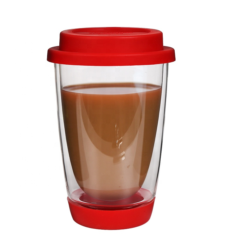High Borosilicate Glass Double Wall Coffee Cup with Silicon Lid