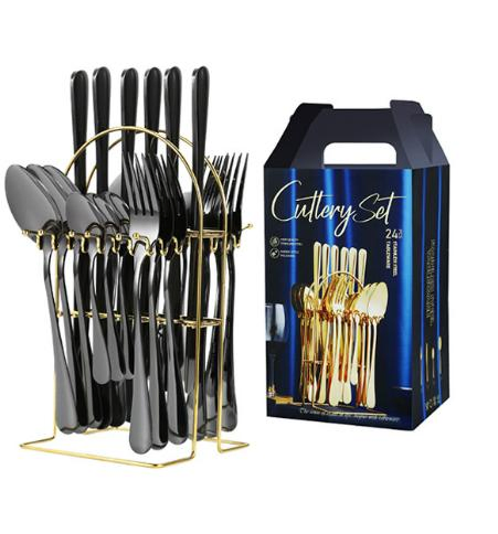 Stainless Steel 24 Pieces Silverware Case Spoons Forks Sets Flatware Gold Cutlery Set