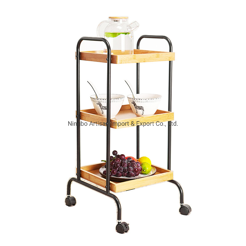China Supplier Customized 3-Tier Movable Bamboo Kitchen Storage Shelf Rack