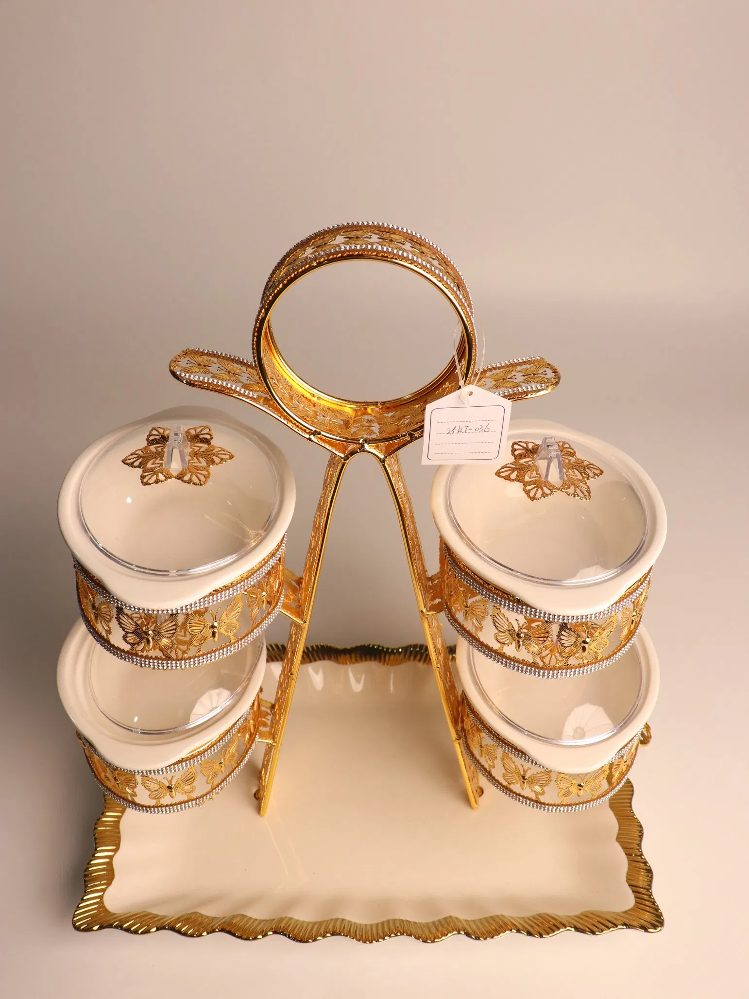 Home Ornament Gold-Plated Iron Frame with Large Size Round Four-Panel Ceramic Bowl