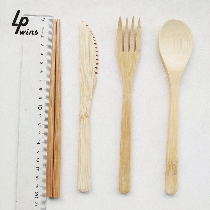 Wholesale Customized Eco-Friendly Home Gift Wooden Bamboo Knife Spoon Chopsticks Tableware with Storage Pouch
