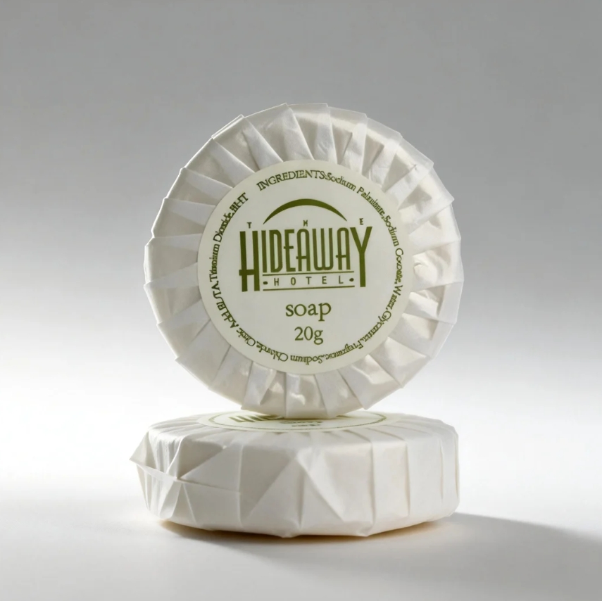 20g Round Hotel Guest Soap Wrapped in Laminated Paper with Custom Label