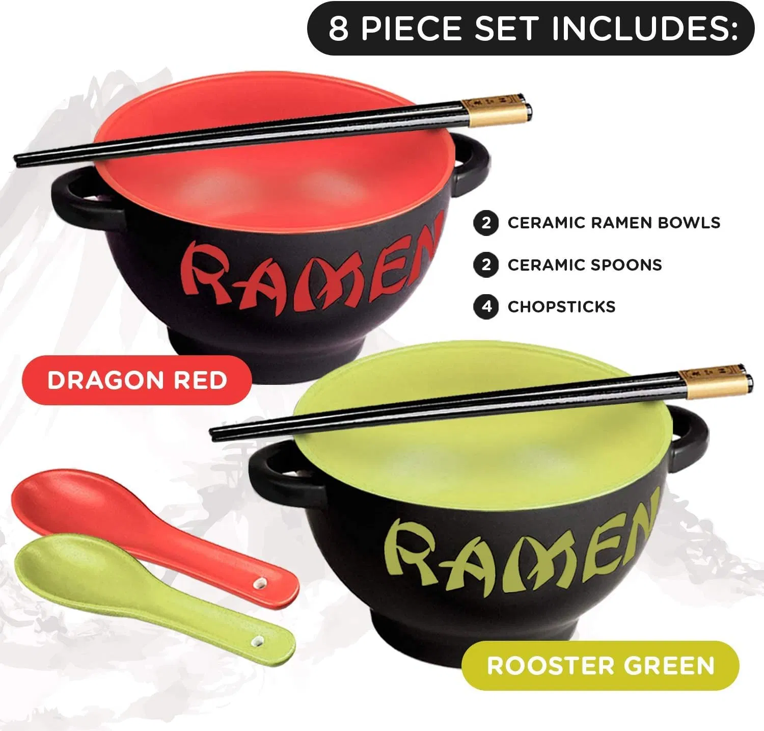 Japanese Style Ceramic Ramen Bowls with Lid & Chopsticks Porcelain Noodle Bowls Set