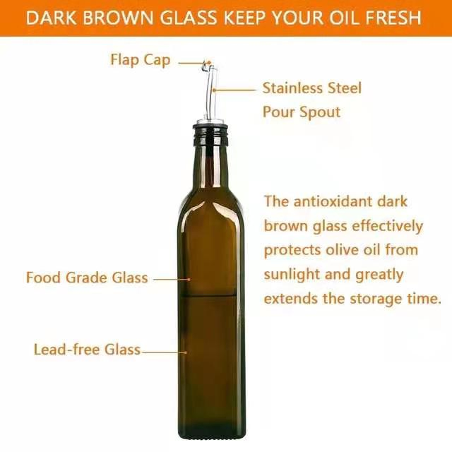 500ml Dark Brown Square Olive Oil Bottle Pour Spout Olive Oil Glass Bottle