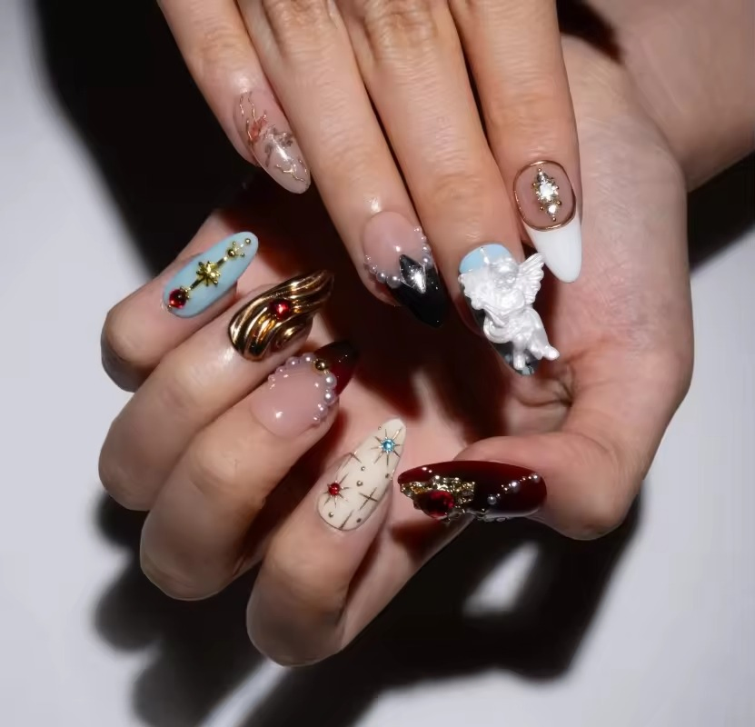 New Design Luxury Angel Custom Valentines 3D Almond Full Cover Press-on Nails