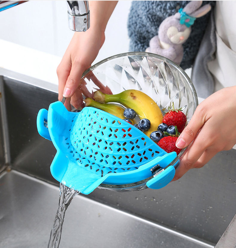Food Colander Silicone Pasta Strainer Pot Snap Clip Water Drainer Basket