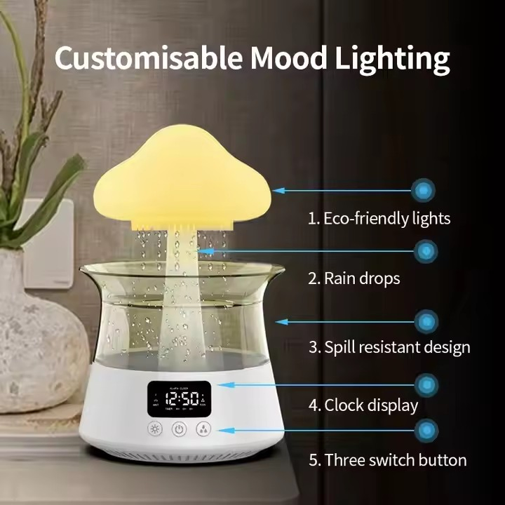 OEM Remote Electric Steam Humidifier New Design 7 Colors LED Night Light Water Drop Sound Cloud Raindrop Humidifier