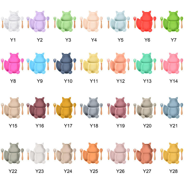 Children's Silicone Tableware 5-Piece Set with Wooden Handle, Fork Spoon, Silicone Bib, Plate, Bowl