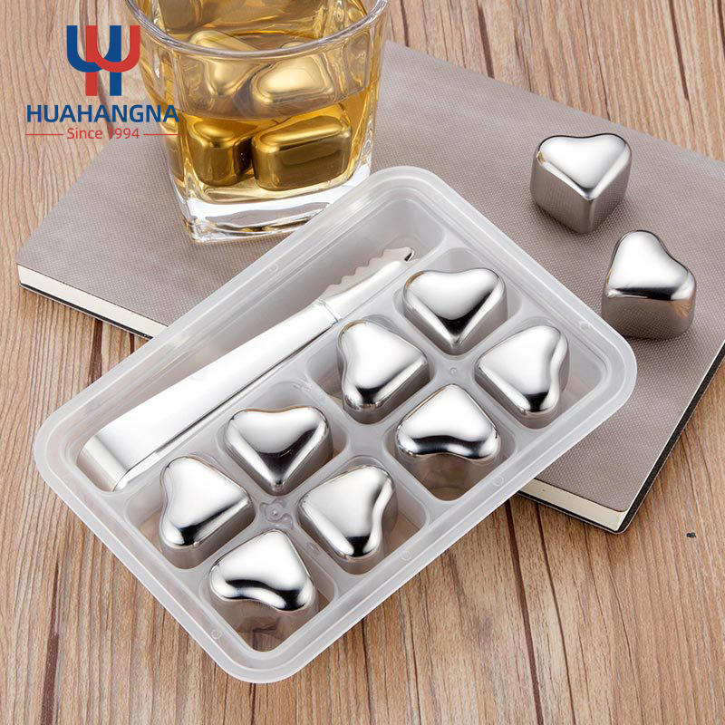 Reusable Heart Shaped Stainless Steel Ice Cube Whiskey Stones Set with Tongs