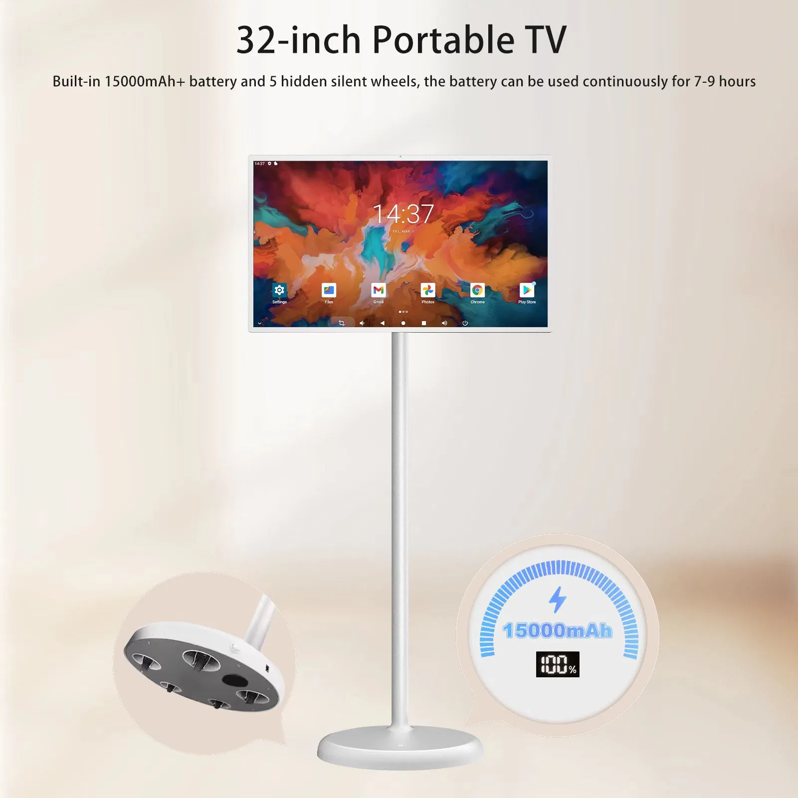 New Upgrade Floor Standing Vertical Display Android 13 HD Video Portable Touch Screen Monitor 21.5 Inch Mobile TV