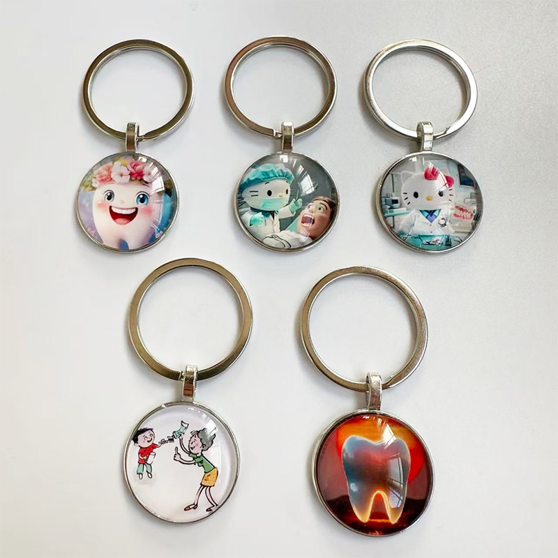 Personalized Customs Made Dental Gift Time Gem Glass Teeth Pattern Dental Nurse Keyring