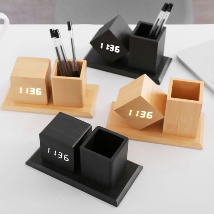 Creative Desktop Office Electronic Pen Holder Clock LED Silent Voice-Controlled Wooden Electronic Alarm Clock