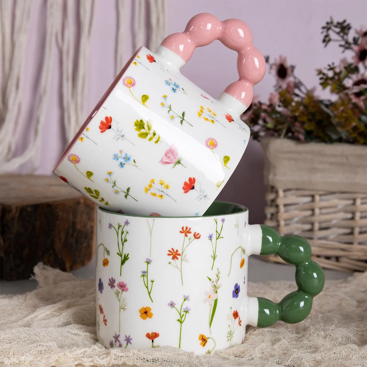 2026 Promotion New Product Vibrant Blossom Porcelain Cup Floral Printing Ceramic Coffee Mug with Beaded Handle for Gifts or Daily Use