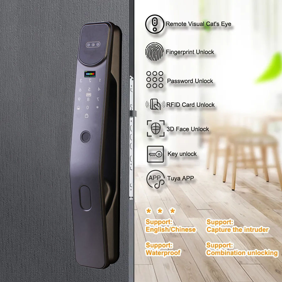Tuya WiFi Smart 3D Face Intelligent Recognition Cat Eye Waterproof Fully Automatic Fingerprint Video Door Lock with LCD Screen