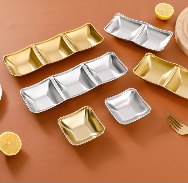 Metal 304 Stainless Steel Divided Plate Kitchen Snack Sauce Plates