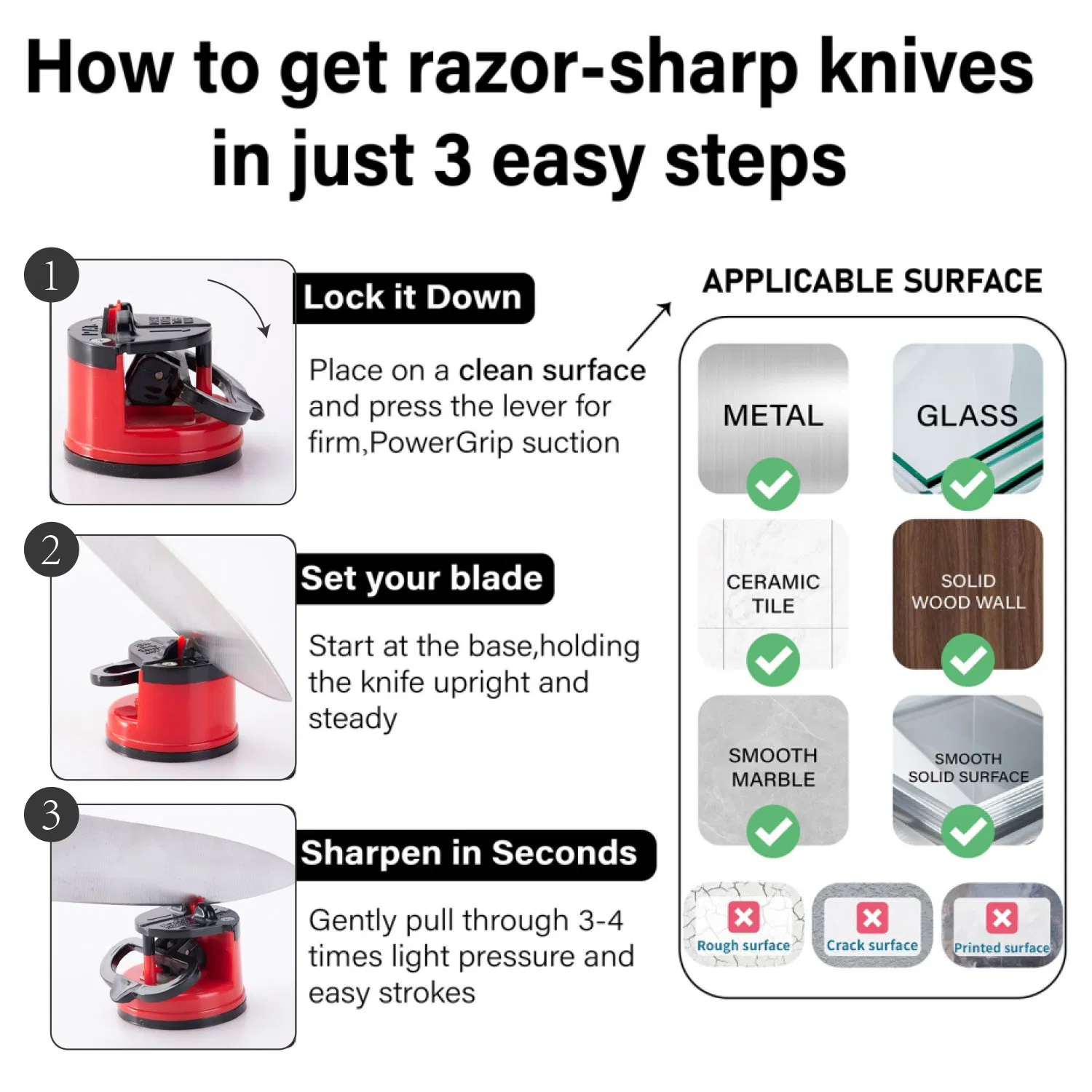 Red Knife Sharpener Powergrip Suction Base 200X Force Increase Mini Size Fast 3 Step Sharpening for Most Kitchen Knives Tool