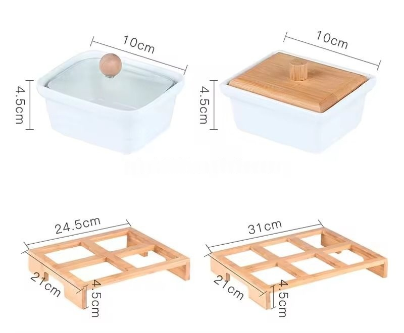White Ceramic Snack Dishes Presented on Bamboo Board Serving Platter Tray with 6 Ceramic Snack Nibbles Bowls