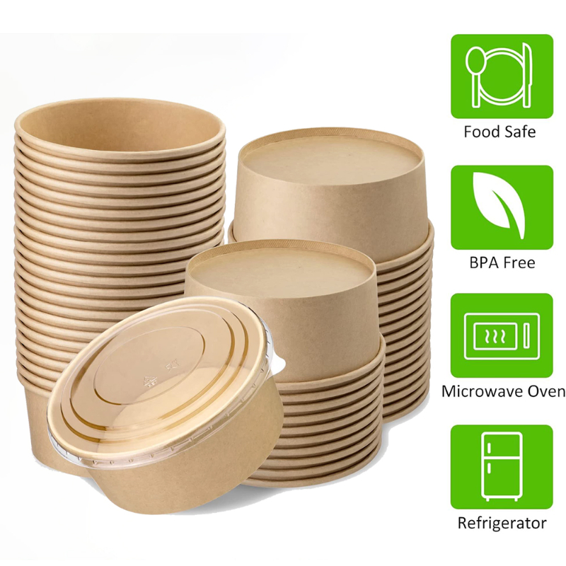 Custom Printed Single Wall Disposable Kraft Paper Salad Bowls with Lids