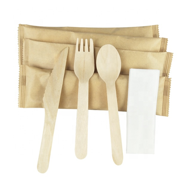 Eco Friendly Disposable Wooden Knife Fork Spoon Set Individual Wrapped