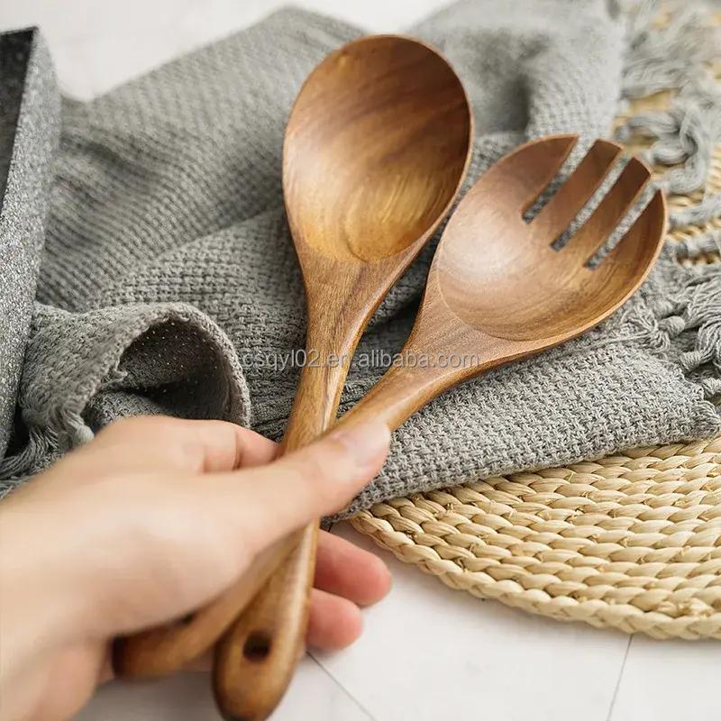 9 Piece Natural Teak Wooden Kitchen Utensil Set with Spoon Rest-Comfort Grip Cooking Spoons and Utensils Holder