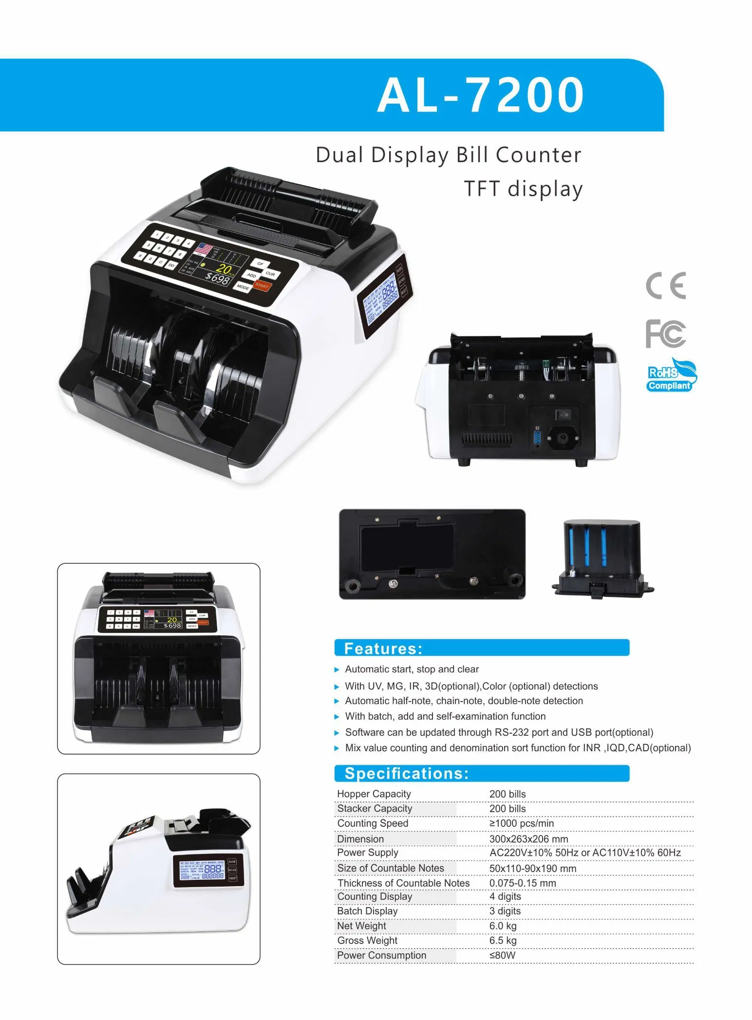 Al-7200 Easy and Portable to Operate Cash Counting Machine Bill Counter Machine