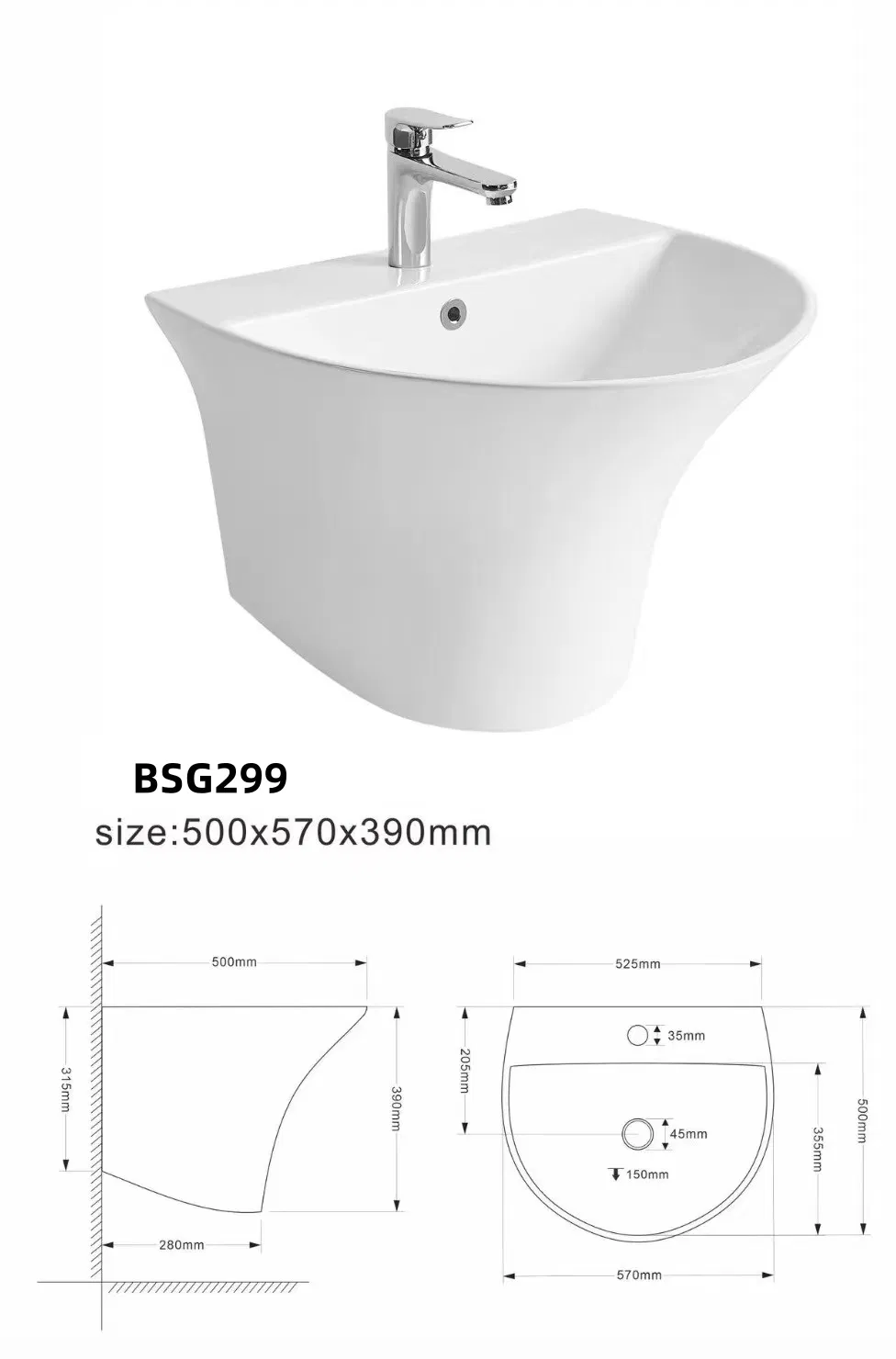 Efficient Ceramic Wall Hung Sink Modern Bathroom Wall Mounted Wash Basin