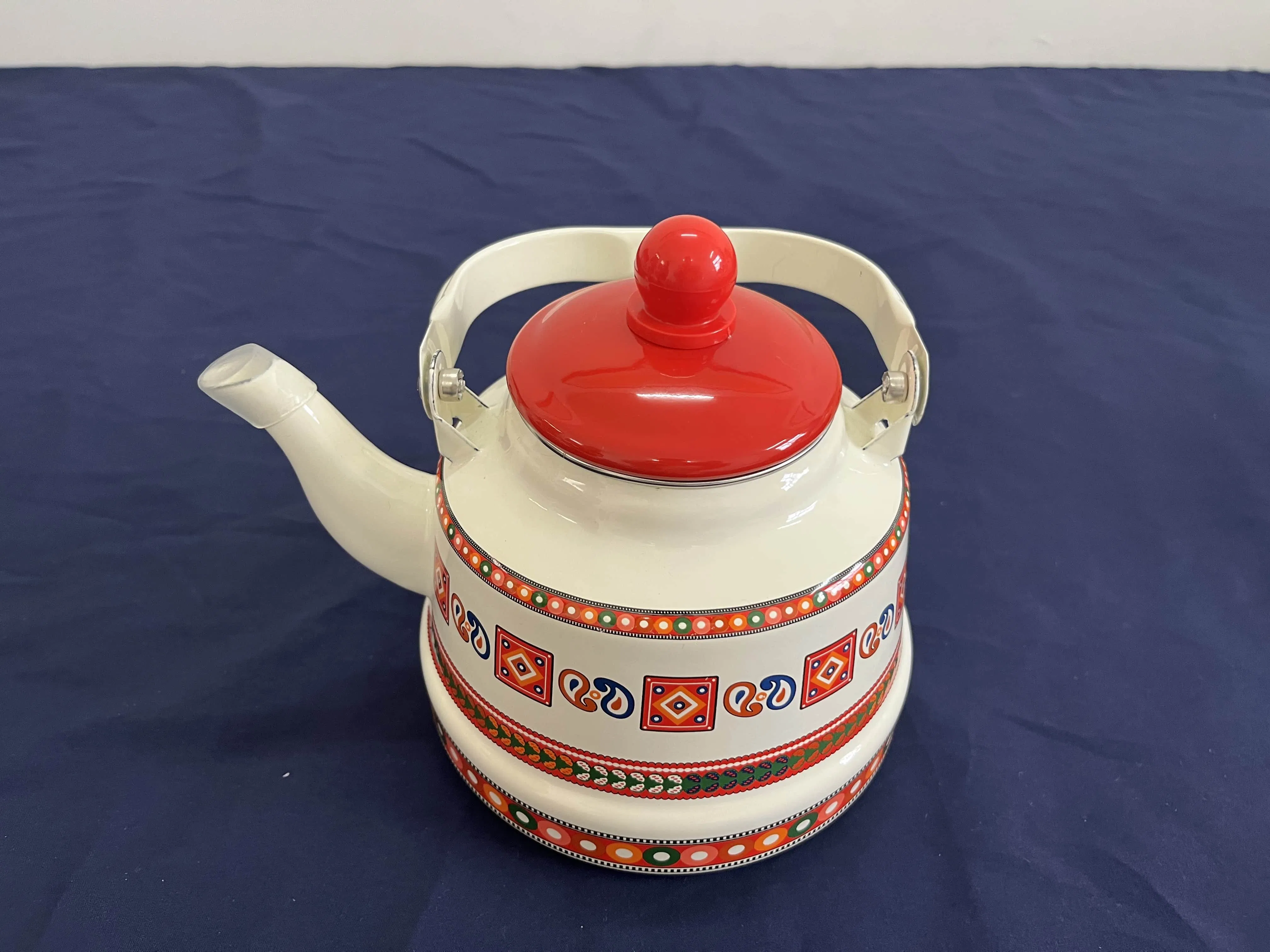 Cream White Enamel Teapot with Symmetrical Pattern and Red Lid