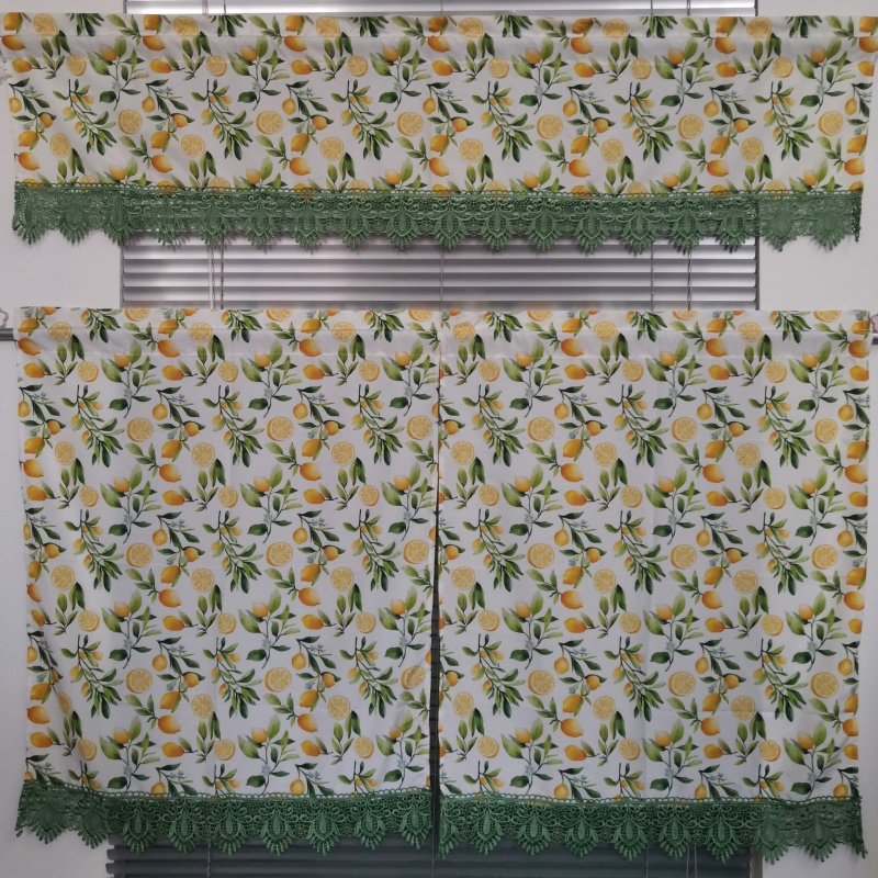 Digital Printed Polyester Kitchen Curtain Set with Lemon Fruit Pattern and Green Lace Trim