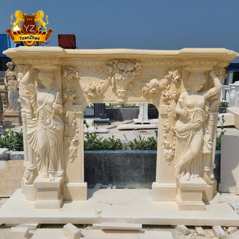 Modern Home Decoration Freestanding Natural Beige Marble Lion Carving Fireplace Mantel