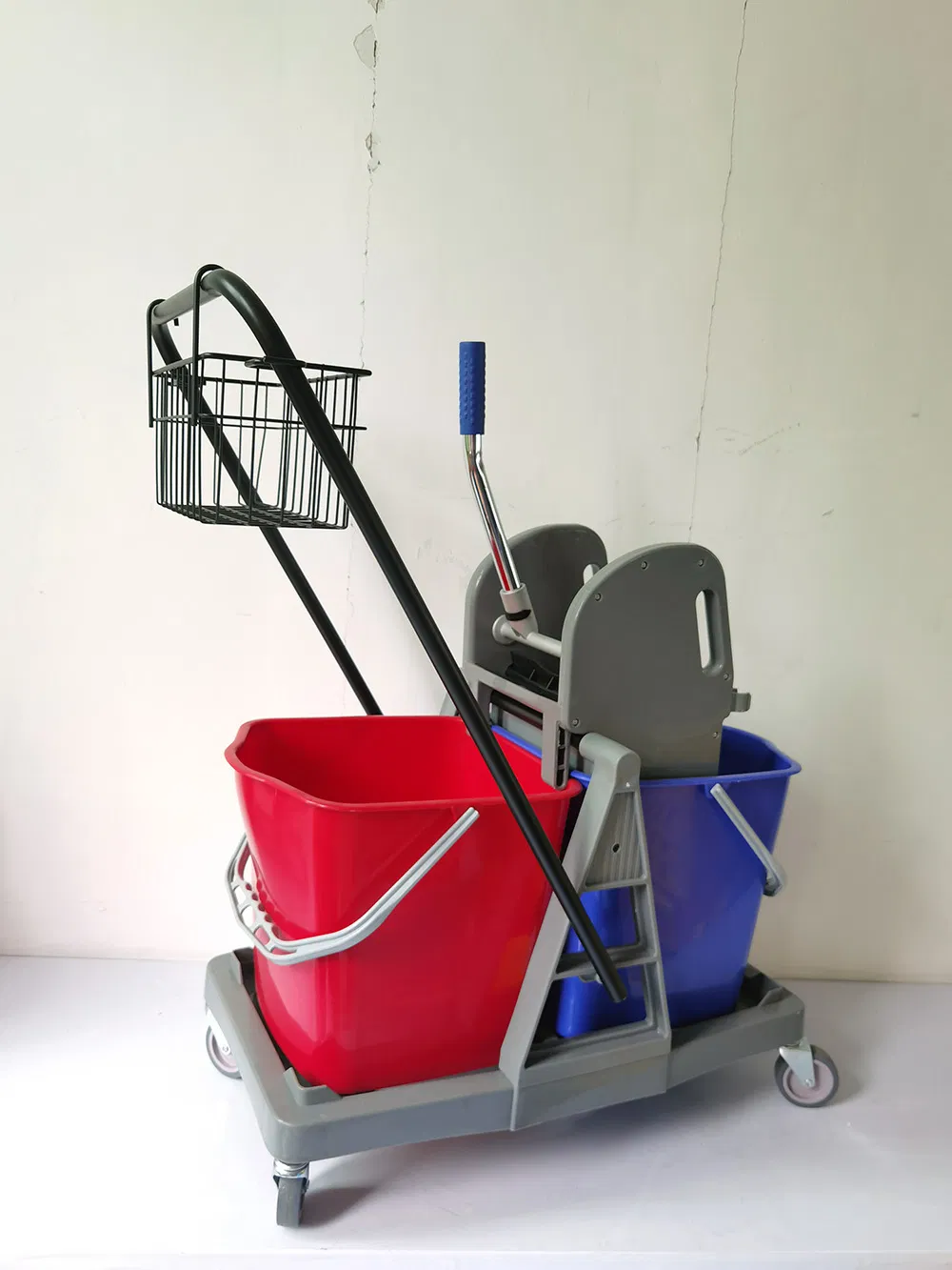 Factory Supply Down-Press Multi-Function Double Mop Bucket Wringer Trolleys with Basket