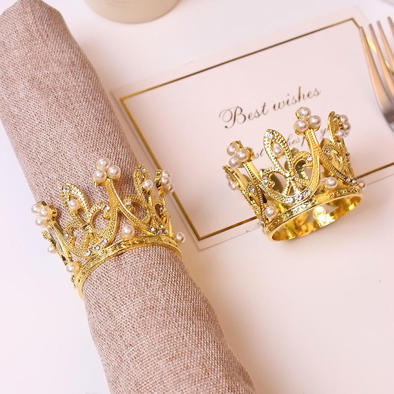Luxury Wholesale Mini Crown Rhinestone Pearl Napkin Rings for Wedding Festival Holiday Party Dining Table Home Decor
