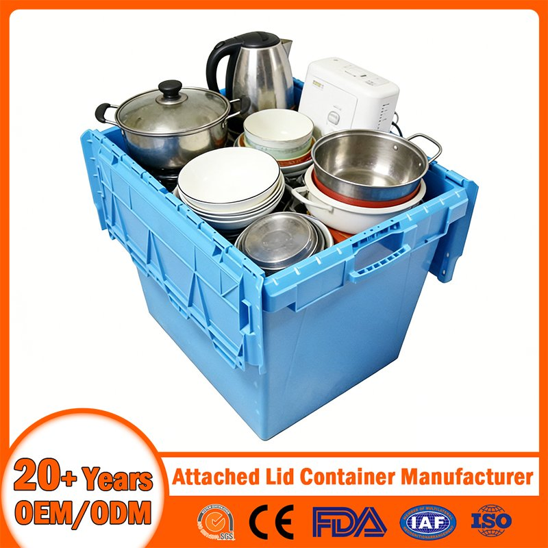 China Plastic Attached Lid Container Manufacturer Stackable/Nestable/Lobster/Bale Arm/EU/Euo Moving Mesh Turnover Logistic/Bread/Egg/Beer Tote Plastic Container