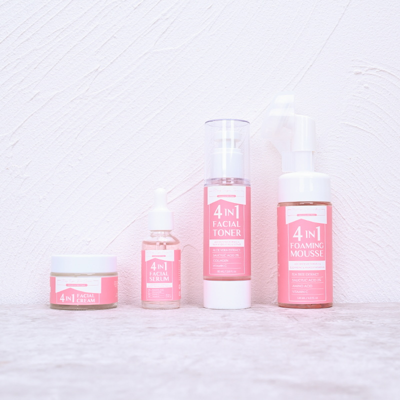 OEM Natural 4 in 1 Skin Care Set Vitamin C Serum Acne Cream Cleansing Face Mousse Skin Hydrating Toner Spray Facial Set