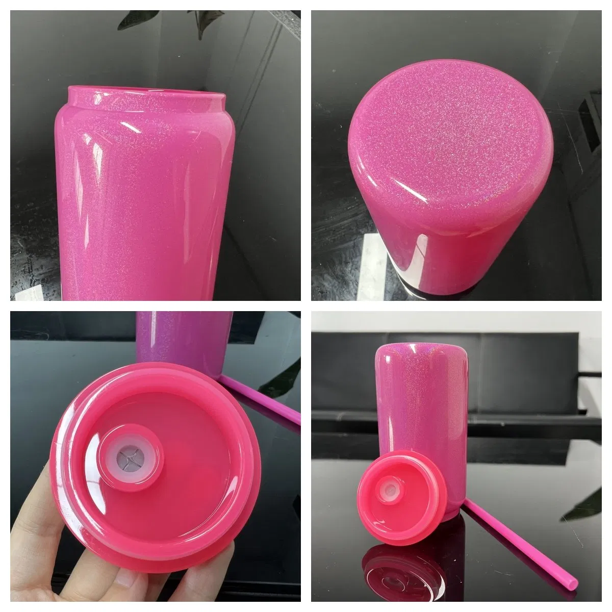 Blank White Pink 16oz Glitter Holographic Shimmer Sublimation Glass Can with PP Plastic Lids and Straws