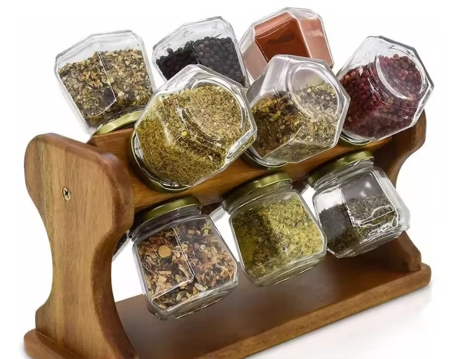 Spice Rack Seasoning Holder Wood Revolving Cruet Holder 12 Pots Kitchen Storage Jar