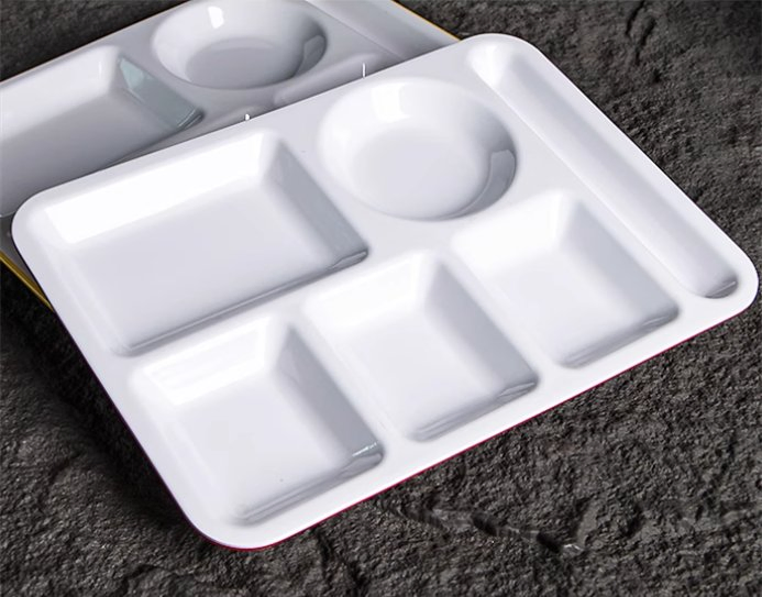 Custom 14-Inch Melamine Fast Food Tray Plastic Restaurants 6 Compartment Divided Plate