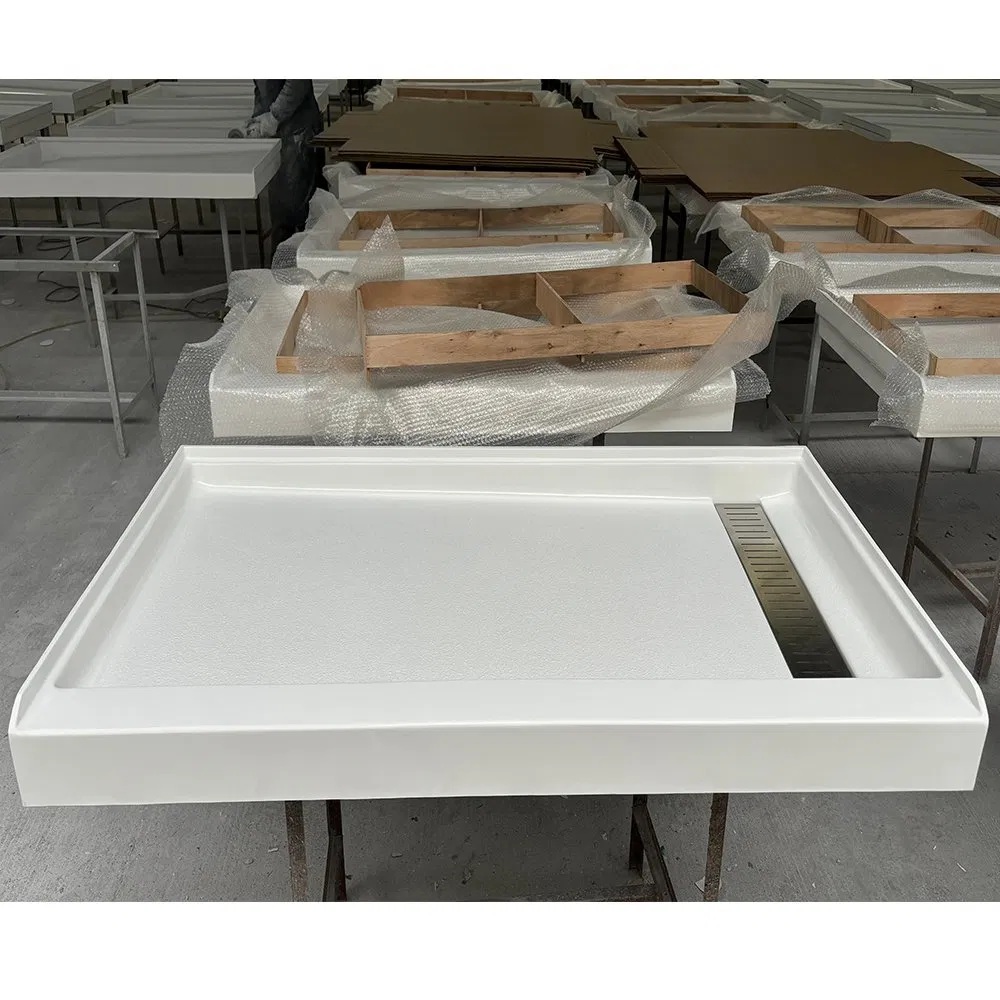 58X30 High Quality Rectangle Bathroom Shower Pans Easy Installation Right Drain Cultured Marble Shower Base