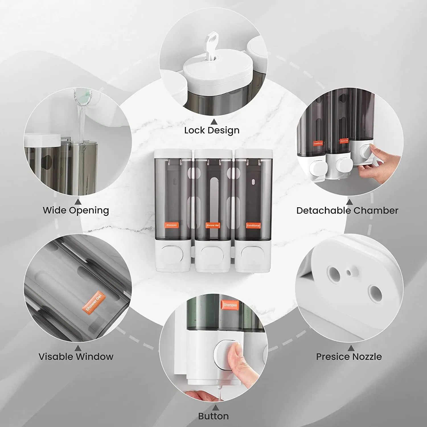 Wall-Mounted Triple ABS Plastic for Shower Hotel Washroom Accessories 3 in 1 Shampoo Conditioner Soap Dispenser