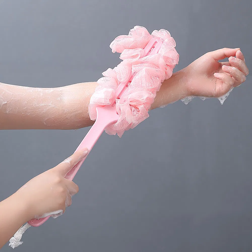 Skin Exfoliating Long Handle Body Back Soft Bath Shower Brush with Mesh Sponge