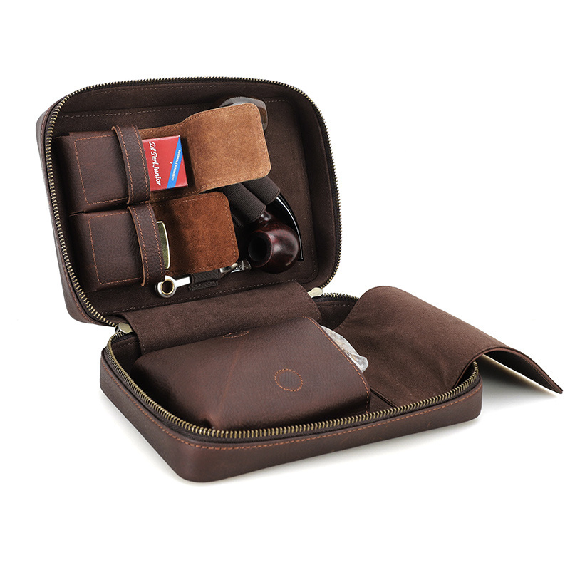 Ga170 Wholesale Industrial Empty Packaging Upper Pipe Smoking Pouch Bags Cigar Kit Raw Smoked Zipper Gift Vintage Genuine Leather Chew Tobacco Bag