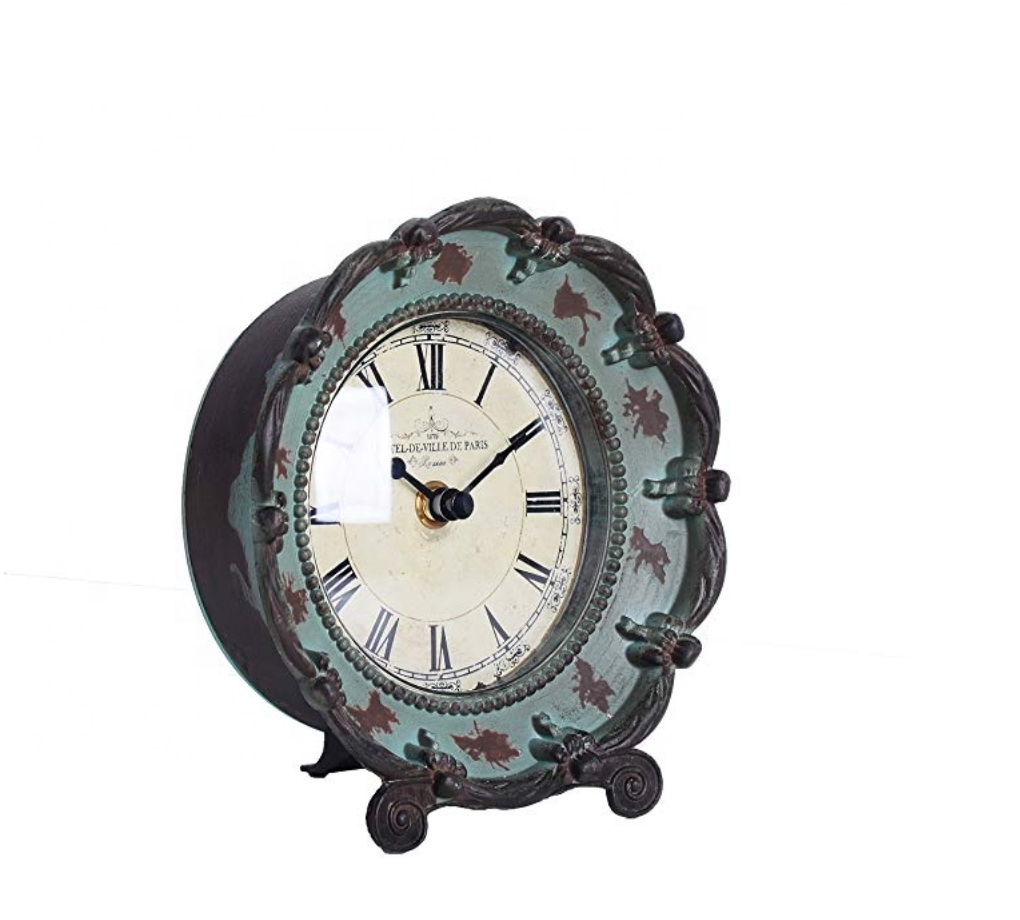 Shabby Chic Pewter Table Clock Green Vintage Style Desk Clock Decor Home