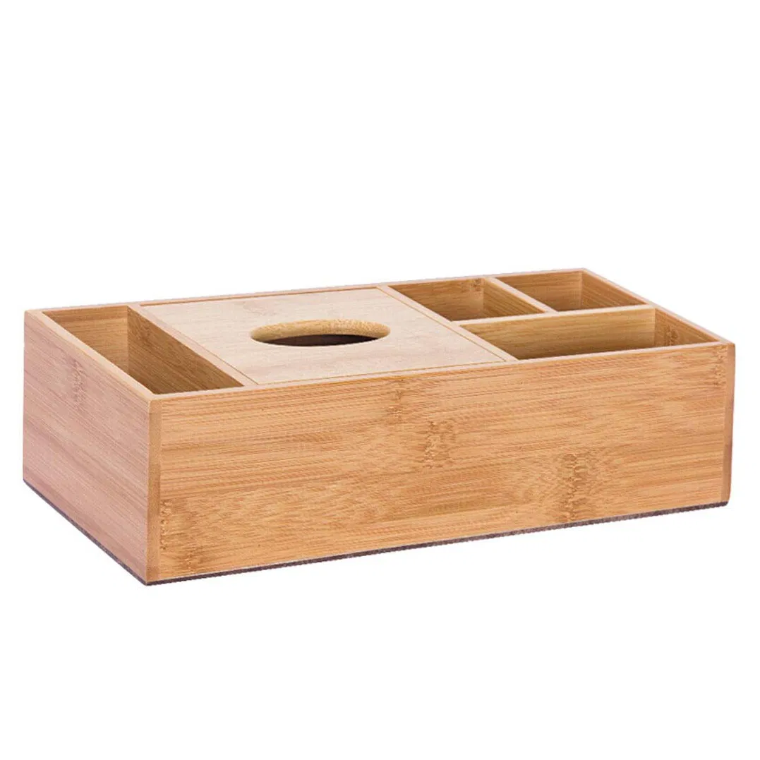 Eco-Friendly Tissue Box Bamboo Multi-Function Three-Grid Storage Box Home Living Room Desktop Remote Control Receive Box