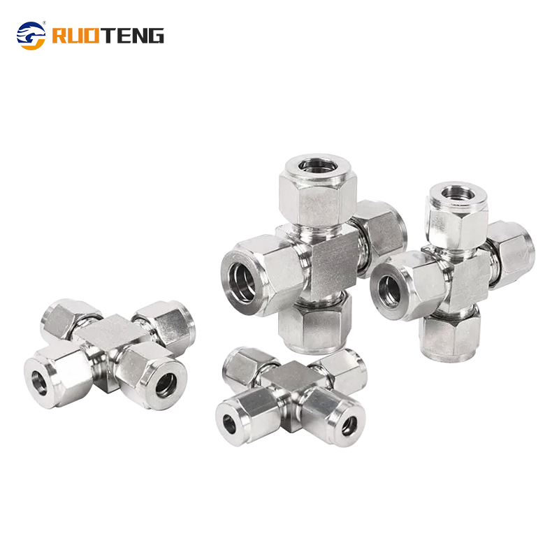 [Ruoteng] 316L Stainless Steel Forged Cross-Type Tube Union with Dual Ferrules Tube Fittings