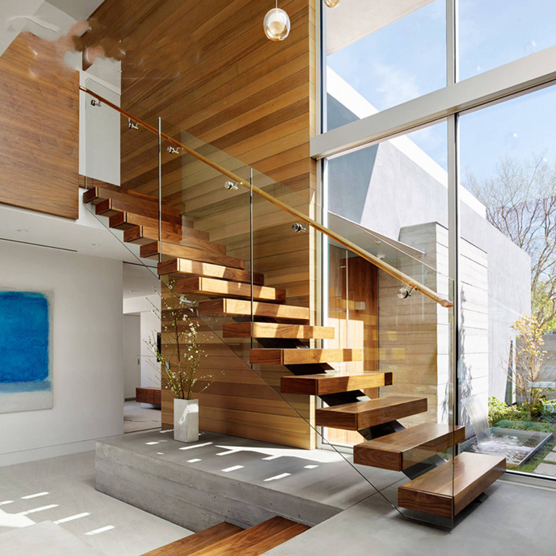 Modern Design Indoor Straight Glass Railing LED Staircase Solid Wood Treads Floating Steel Wood Stairs