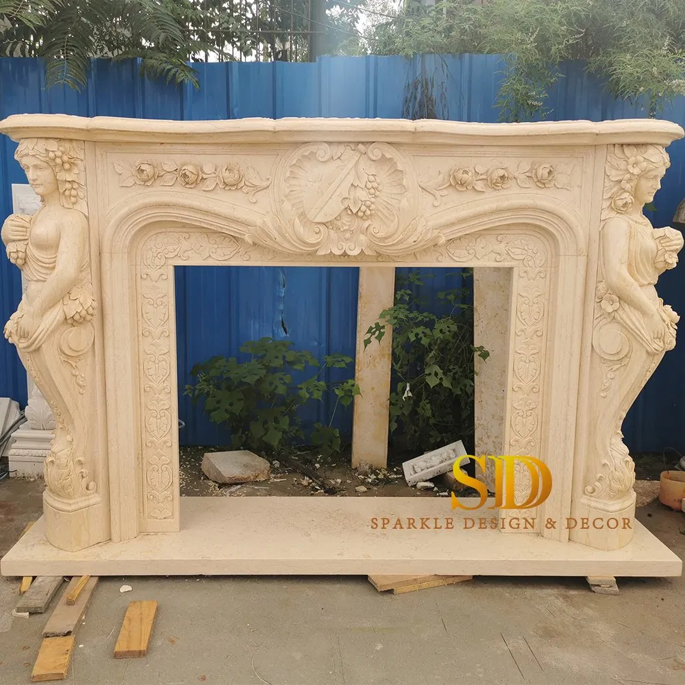 European Natural Beige Marble Fireplace Mantel Beige Marble Fireplace Surround for Living Room Bedroom Decor