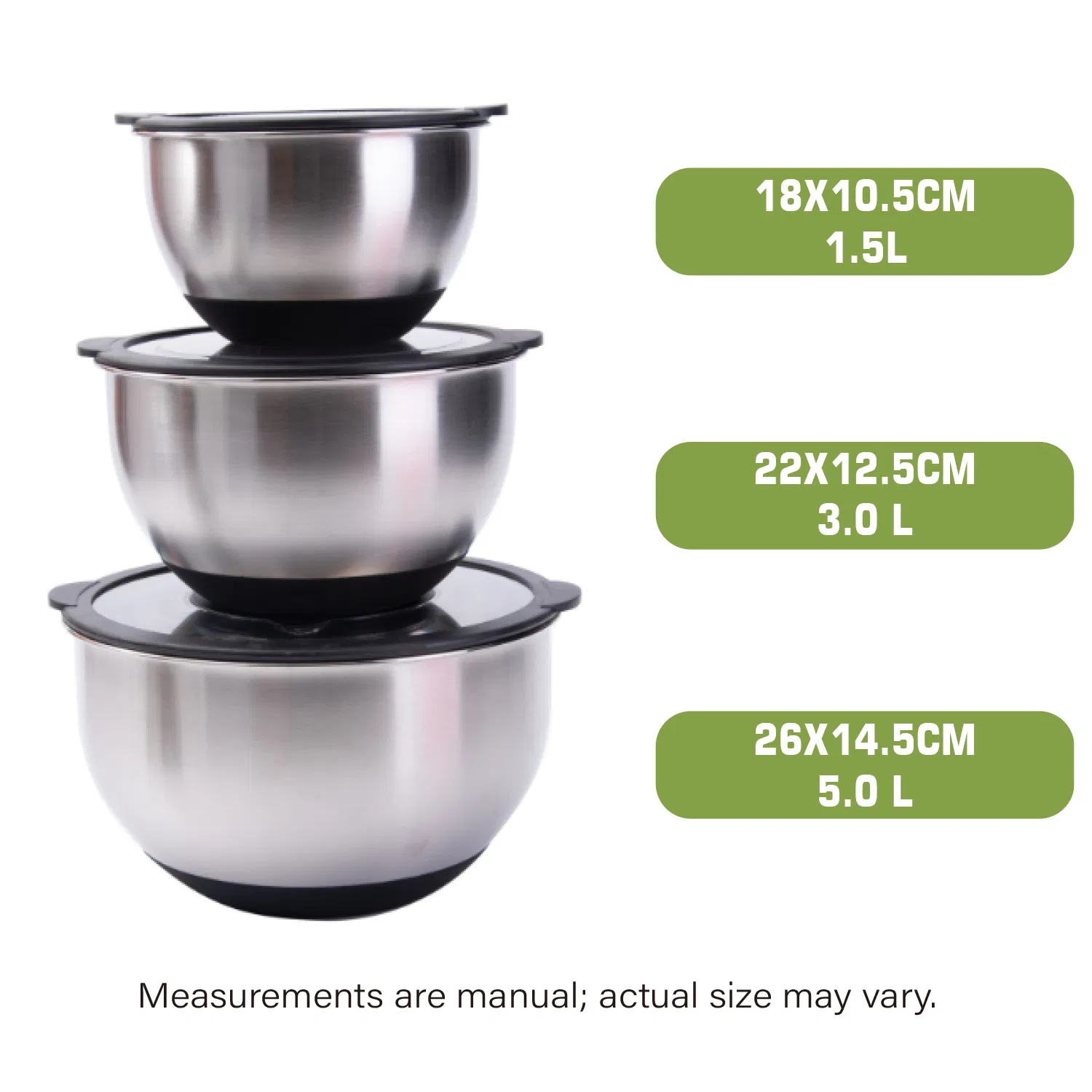 Non Slip Silicone Base Set of 3 Stainless Steel Salad Spinner Mixing Bowls with Lid Set for Home Kitchen Salad