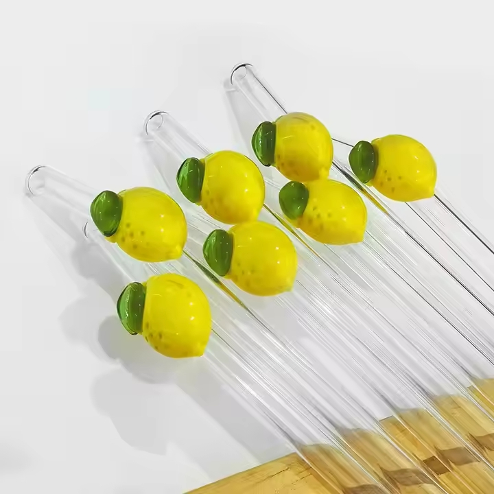 Lemon Design Clear Glass Straw Shatter Reusable Cocktail Straw Bend Cute Straw with Charm