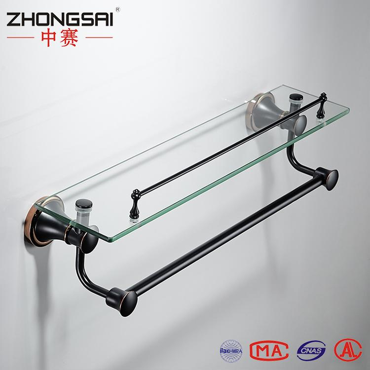 Royal Bathroom Wall Mounted Antique Black Single Tier Towel Glass Wall Shelf with Towel Bar