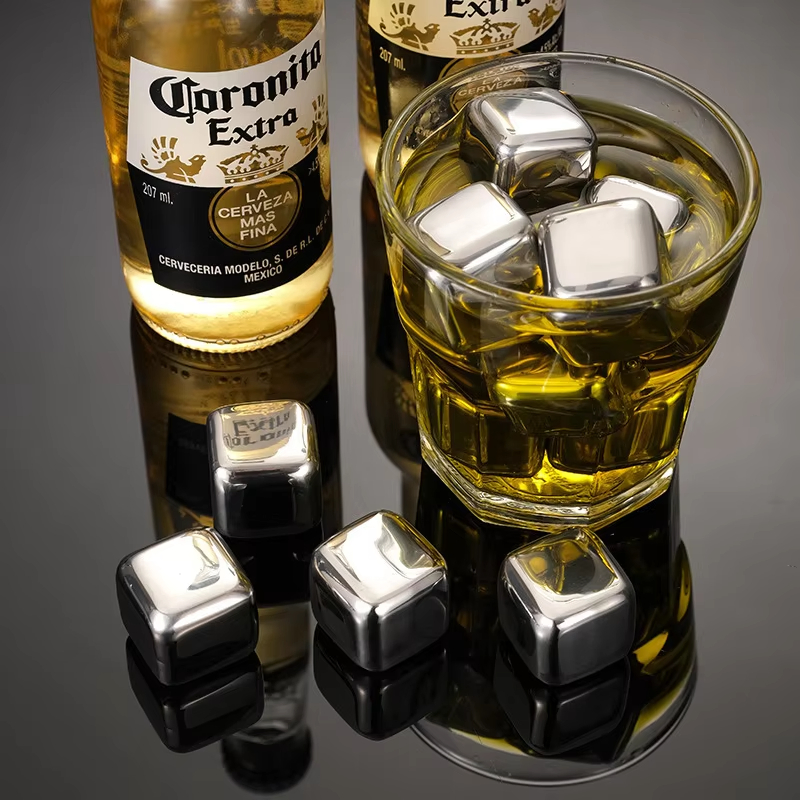 Hot Sale Chilling Reusable Metal Ice Cubes 304 Stainless Steel Whisky Wine Stones with Freezer Storage Tray Sleek Metal Cube Ice